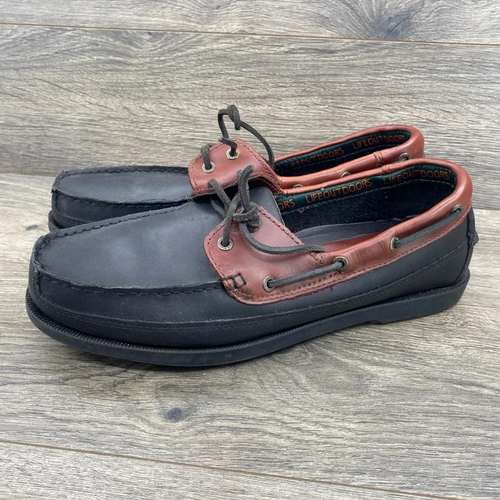 LifeOutdoors Boat Shoes Mens 11.5 D Black Brown Leather Nautical Loafers 607376